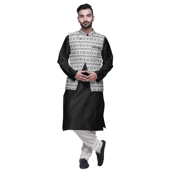 Atasi Men Mandarin Collar Solid Kurta Churidar Pajama & Printed Nehru Jacket Set
