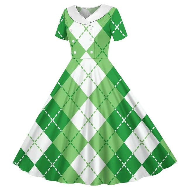 MKOSPLRT Robes des Années 1950 pour Fille Manches Courtes Robes de Cocktail Vintage Imprimé Trèfle Robe Midi Jour de la Saint-Patrick