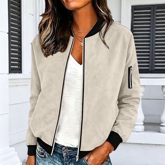 Women's Faux Suede Bomber Jacket Full Zip Baseball Collar Flight Jacket Long Sleeve Zip Pocket Casual Lightweight Outerwear Solid Coat Beige XL