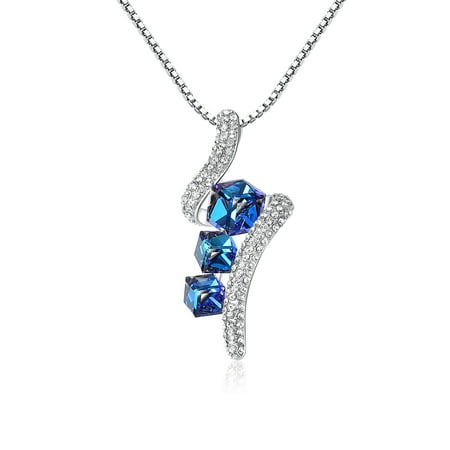 Silver Plated Jewelry Box Leafael Crystal Cubes Pendant Necklace Made with Swarovski Crystals Sapphire Blue Jewelry, Silver Plated, 17