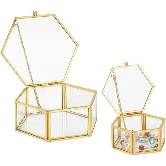 2 Sizes Glass Jewelry Box Hexagonal Jewelry Display Vintage Golden Box Case Geometric Decorative Box Jewelry Organizer Keepsake Box for Women Storage Ring Earring Trinket Chest WeddingClear