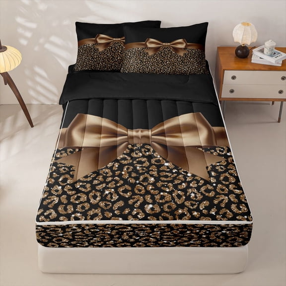 Homewish Fashion Bow Kids Zipper Twin Comforter Sets with Fitted Sheet and 2 Pillowcases, Brown Camo Leopard Print Zipper Bedding Set, Black Reversible, 4-Piece