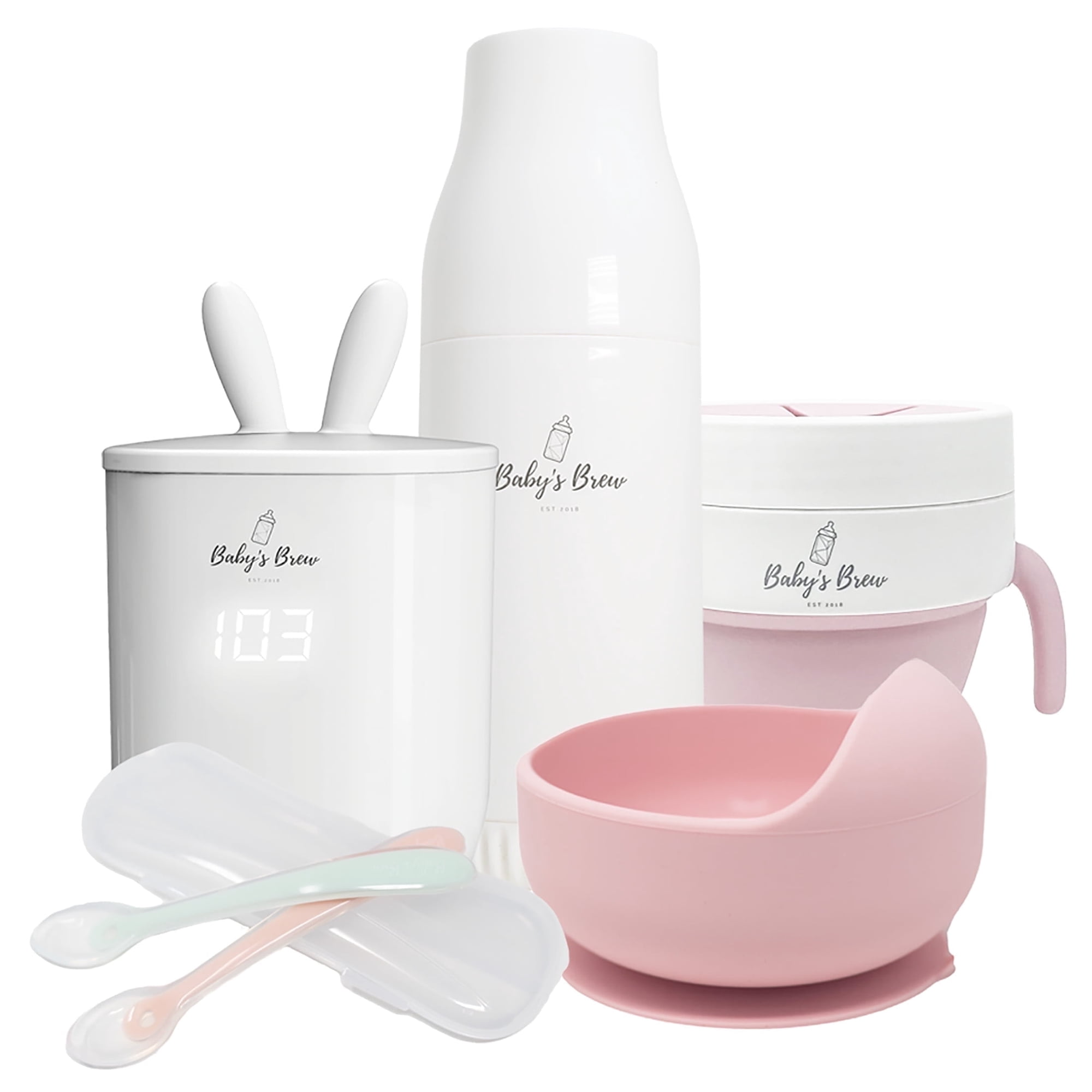 Baby's Brew Shower Bundle: Portable Baby Bottle Warmer, Silicone Bowl, Flexi-Spoon and 2-in-1 Snack / Sip Cup