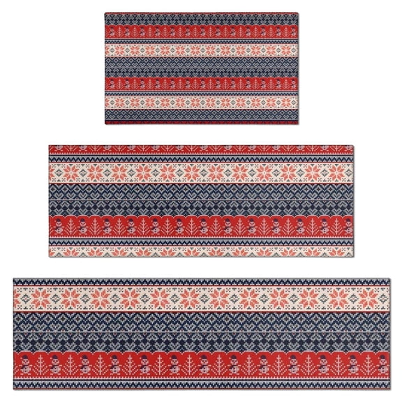 Red and Blue Christmas Knitted Pattern Kitchen Rugs Sets Of 3,Kitchen Runner Rugs Non Skid Washable,Decorative Kitchen Floor Mats for Kitchen,Sink,Laundry,17"x30" 17"x47" 17"x59"