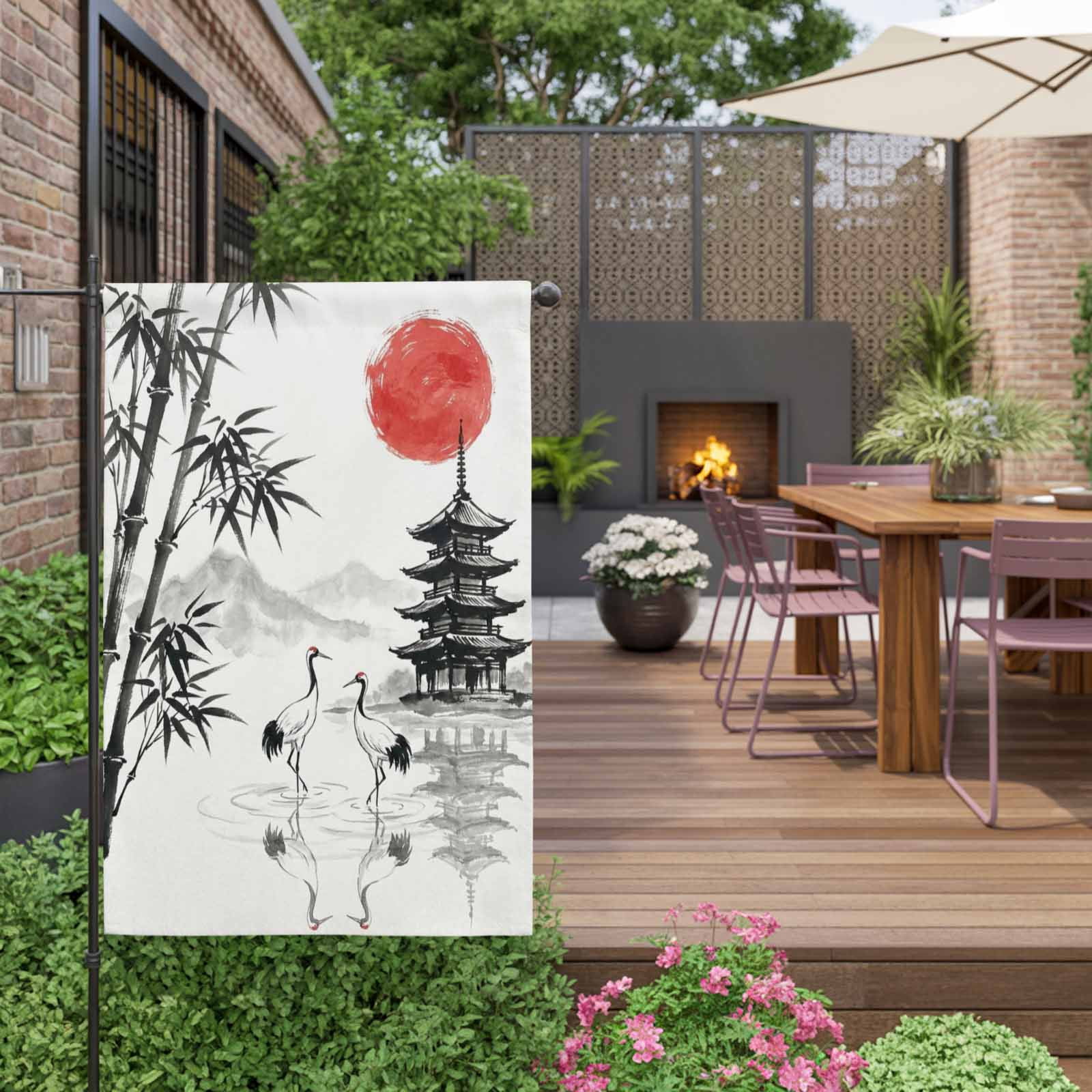 White Crane House Flag 28 x 40 Inches, Ink Wash Gray Black Bamboos Trees Japanese Pagoda Red Sun Weather Proof Outdoor Patio Flags Double Sided Small House Decoration for Yard Lawn Outside Home
