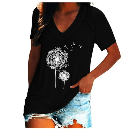

Womens Tops Clearance under $10 Womens Dandelion Floral Print Slim Tunic Shirt V Neck Tops Bustier Tshirts Short Sleeve Sexy Low Cut Shirt JY
