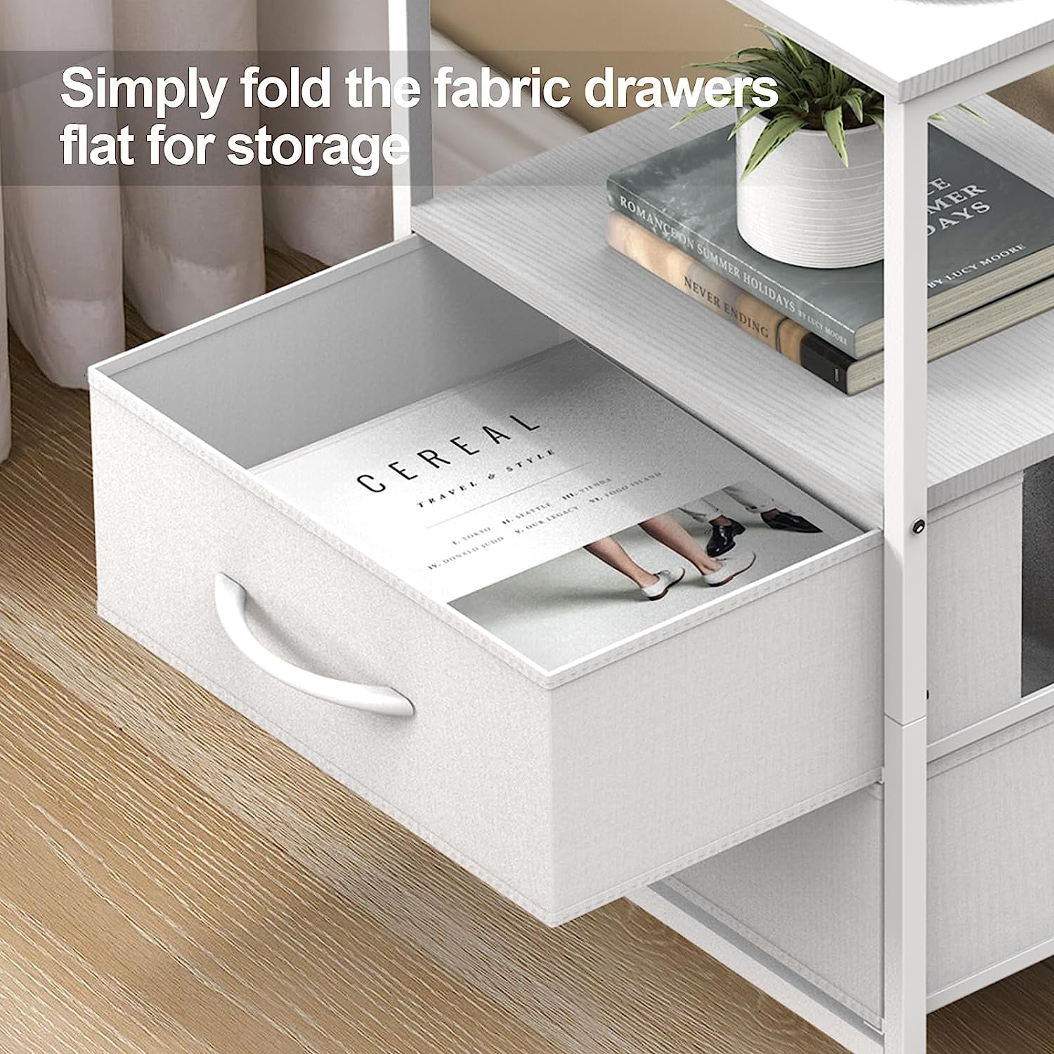 White Nightstand with 2 Fabric Drawers End Table with Charging Station