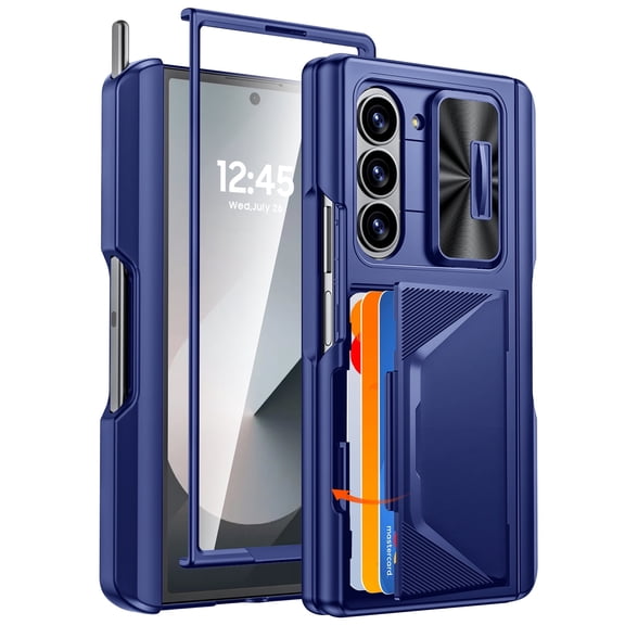 Oupeigar for Samsung Galaxy Z Fold 6 Phone Case,with RFID Cards Holder,S Pen Holder,Camera Cover, Shockproof Silicone Protective Wallet Case-Blue