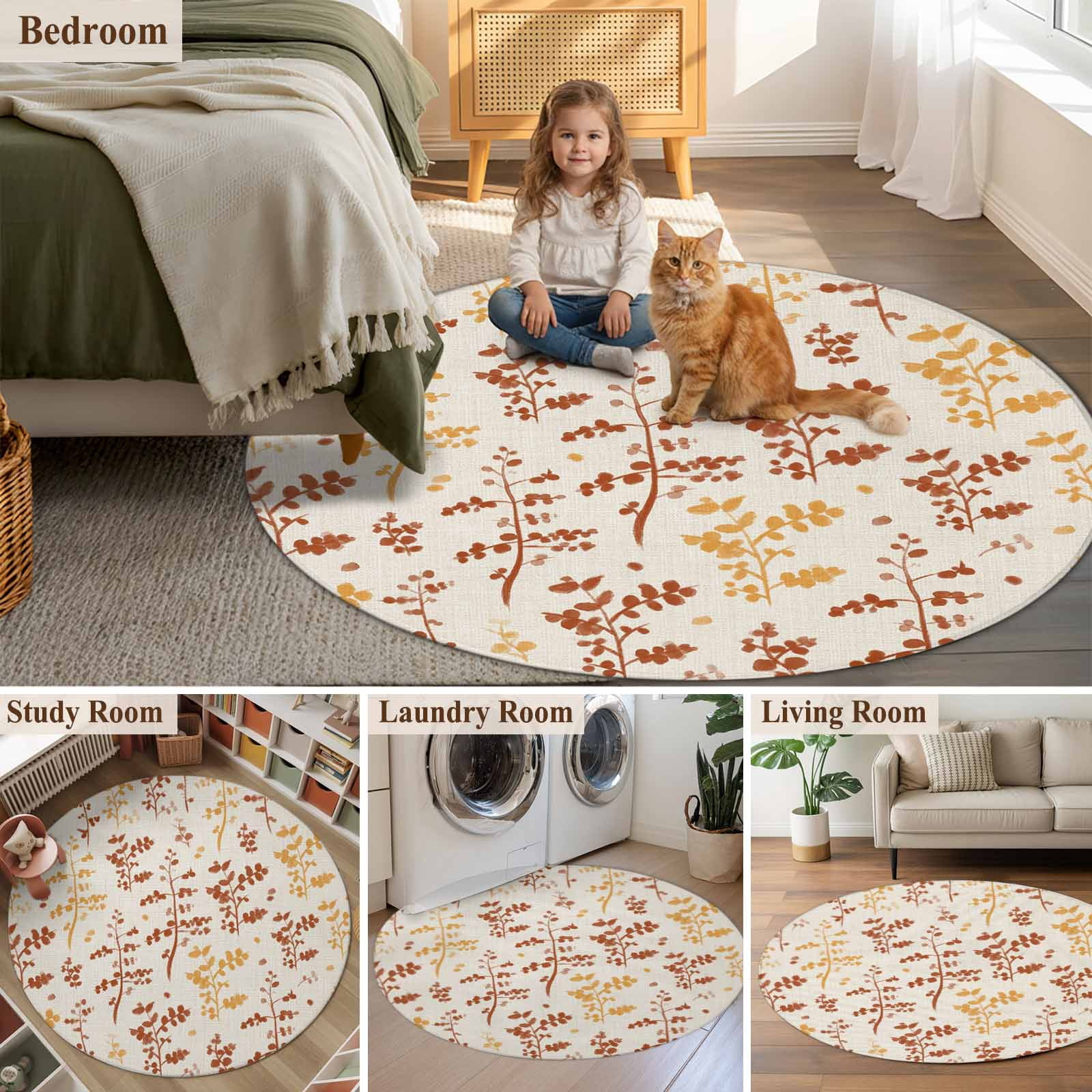 Orange Yellow Botanical Round Area Rug 6Ft Washable Circle Rugs for Bathroom Office, Rustic Country Spring Floral Summer Leaf Non-Slip Carpet Floor Mats Indoor Outdoor Carpet Runner Home Decor