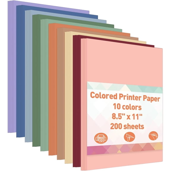 8.5" × 11" Bulk Colored Copy & Print Paper, 200 Sheets 10 Assorted Colors Printer Paper Computer Suitable for Origami, Crafts, DIY Projects, 80 GSM
