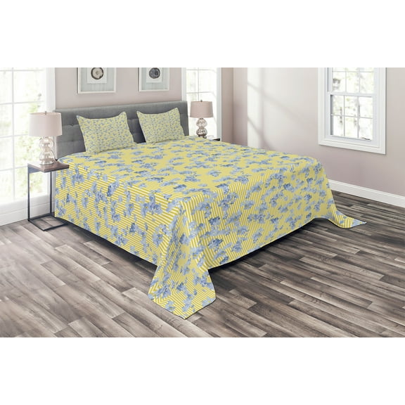 Ambesonne Floral Quilted Coverlet 3 Pcs, Forget Me Not Flowers Lines, King Size, Yellow Ceil Blue