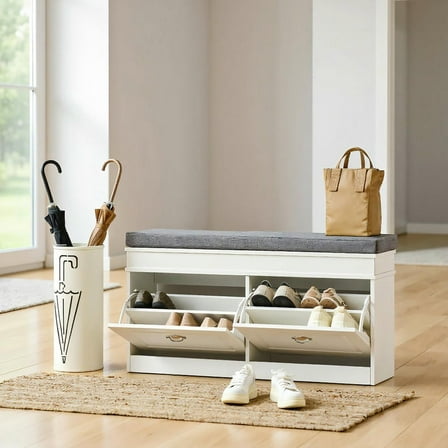 Resenkos Modern Shoe Storage Ottoman Bench - Entryway Bench with Cushion, 2 Drawers, Holds 8 Pairs, White