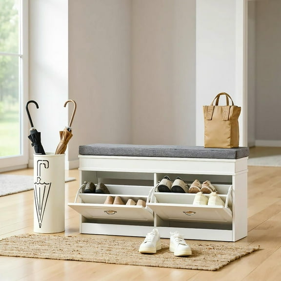 Resenkos Modern Shoe Storage Ottoman Bench - Entryway Bench with Cushion, 2 Drawers, Holds 8 Pairs, White
