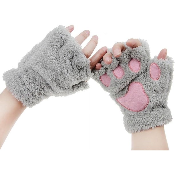 Guantes de pata de gato sin dedos, de piel sintética y felpa, cálidos guantes de medio dedo para invierno, bonitos guantes de cosplay con pata de gato, guantes de felpa peludos para mujeres y niñas.
