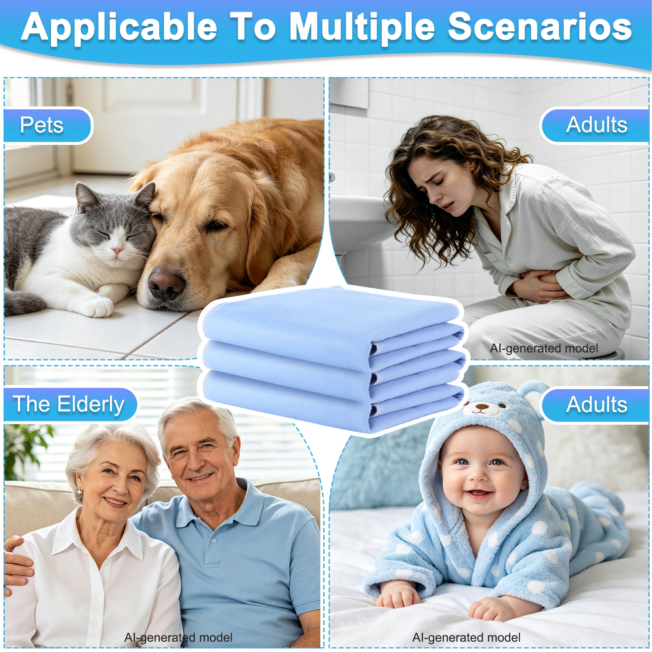 3 Pack Washable Pee Pads, 18×24 Inch Reusable Waterproof Underpads, Absorbent Non-Slip Incontinence Bed Pads for Pets Kids Adults Elderly