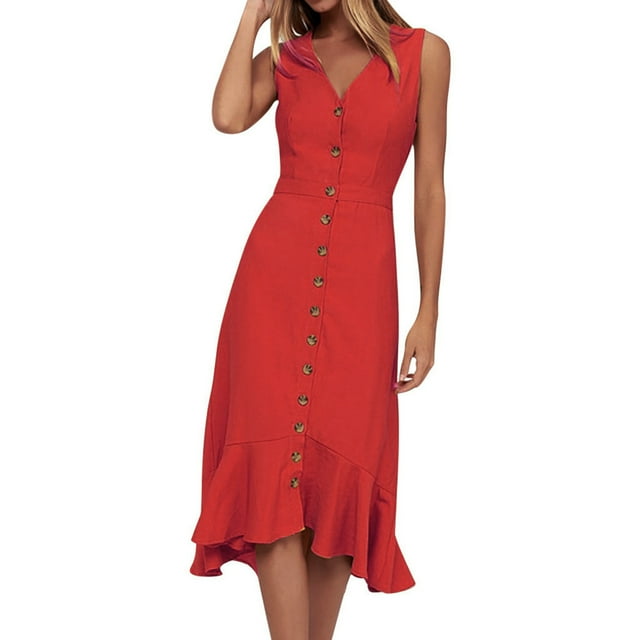 Pompotops Robe Sans Manches à Col en V Unie pour Femmes Printemps et Été, Taille Unique, Dos Fermé