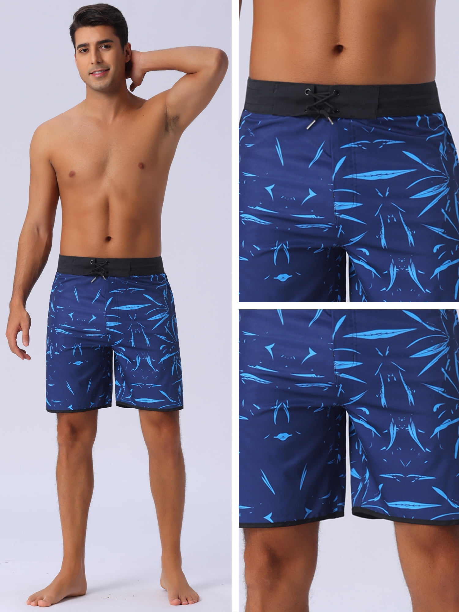 DARING DIVA Men's Elastic Waist Drawstring Hawaiian Print Athletic Swim Trunks 36 Blue