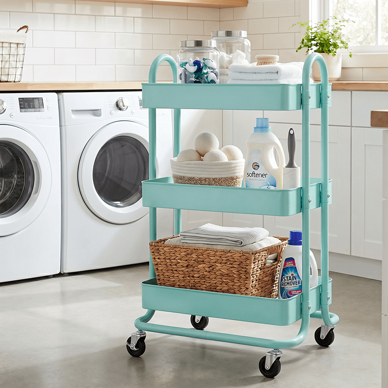 Fenbeli 3-Tier Metal Rolling Utility Cart with Wheels, blue, 18"L x 13.4"W x 31"H