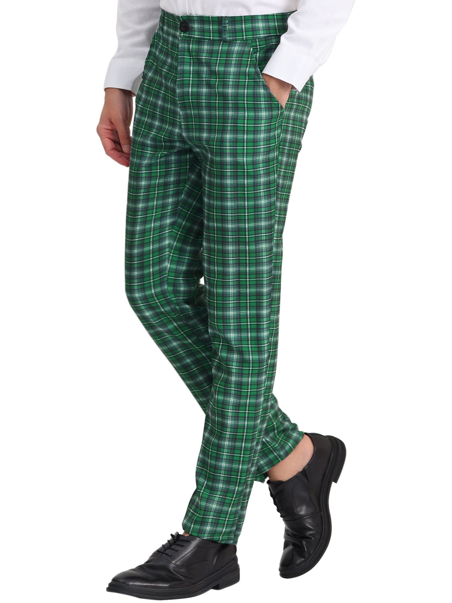 Unique Bargains Men's Checked Suit Pants Flat Front Elastic Waist Plaid Pants 32 Dark Green