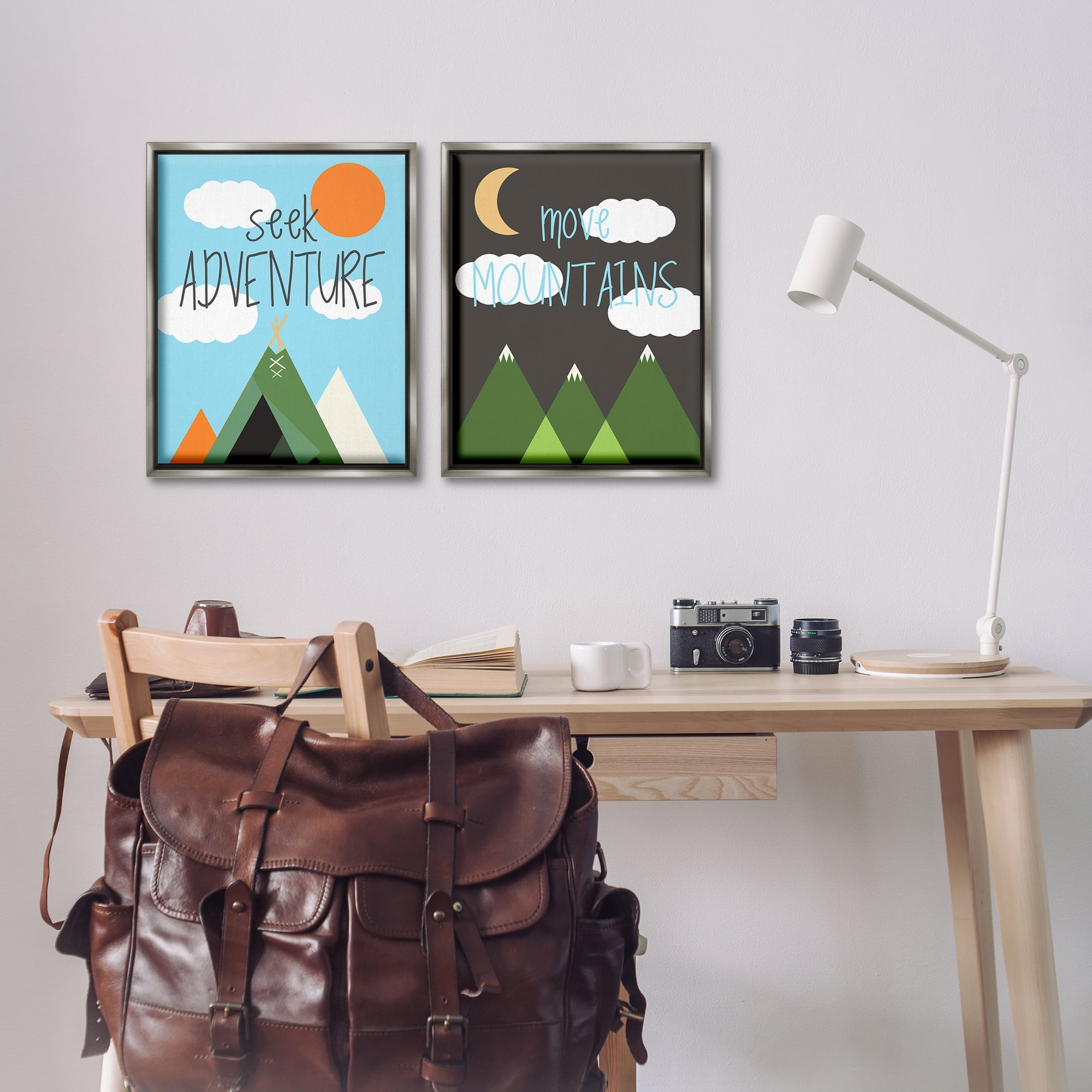 Stupell Industries Seek Adventure Move Mountains Text & Numbers Painting Gray Floater Framed Canvas Art Print Wall Art, 17 x 21, Set of 2
