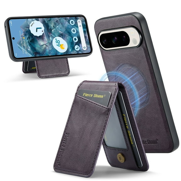 ELEHOLD Case Google Pixel 9 Pro XL, Premium PU Leather Slim Wallet Case with Card Holder Kickstand Magnetic Cover Compatible with Magsafe,Purple