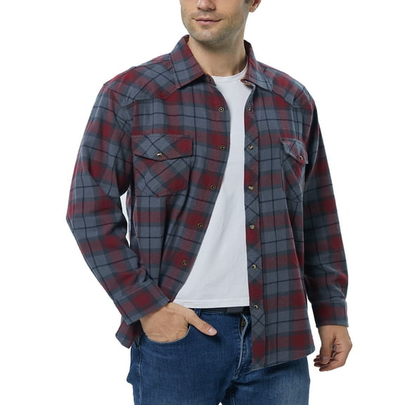 COEVALS CLUB Men's Flannel Western Pearl Snap Corduroy Lined Plaid Work Long Sleeve Shirts 08 Merlot Gray Small