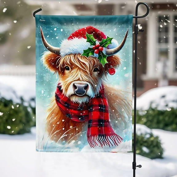 FLAGWIX Merry Christmas Highland Cow With Santa Hat Highland Cattle Flag TQN4141F Garden Flag 11.5" x 17.5" - Decorative Indoor Outdoor Flag