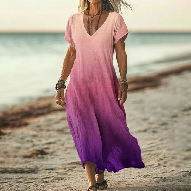 Robes Femmes DYTTDG Robe Femme Mode Dégradé Col en V Manches Courtes Robe Maxi de Plage Cadeau pour Adultes Rose,P