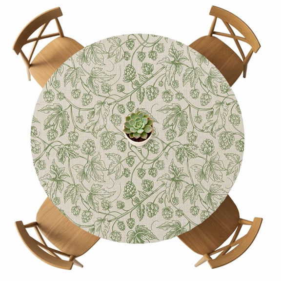 Round Fitted Tablecloth with Elastic Sage Green Floral Branch Tablecloths Waterproof Oil Proof Vintage Flower Thread Table Cover for Kitchen Dinner Party Picnic Fits Tables up to 36"- 44" Diameter