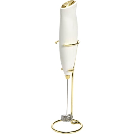 Paris Hilton electric handheld milk frother, double coil head mixing rod and gold metal stand, battery powered (requires 2 batteries but not included), white