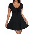 thumbnail image 3 of Women'S Short Sleeves Drawstring Front Ruched Short Dress V Neck A Line Tshirt Dresses Black S, 3 of 9