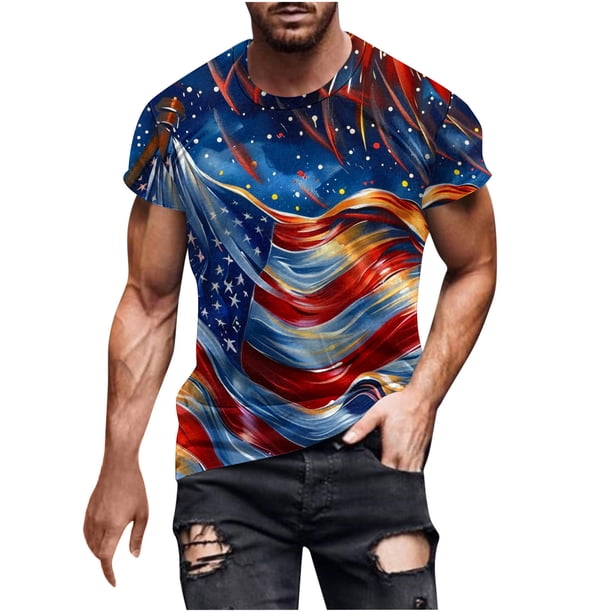 Hombres Pantalones Cortos, Día de la Independencia Impreso, Cuello Redondo Camisetas de Manga Corta