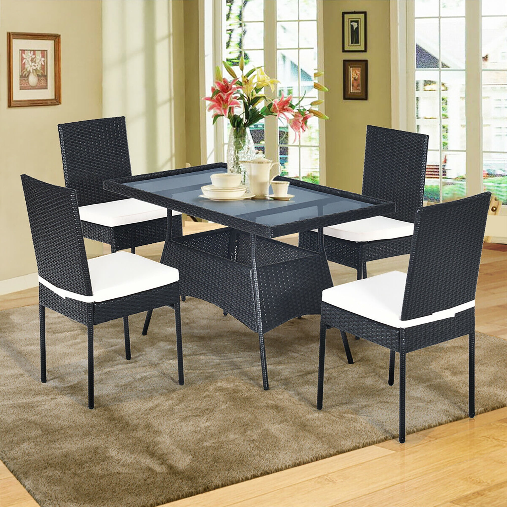 costway 5pcs patio rattan dining set cushioned chair table wglass top  garden furniture
