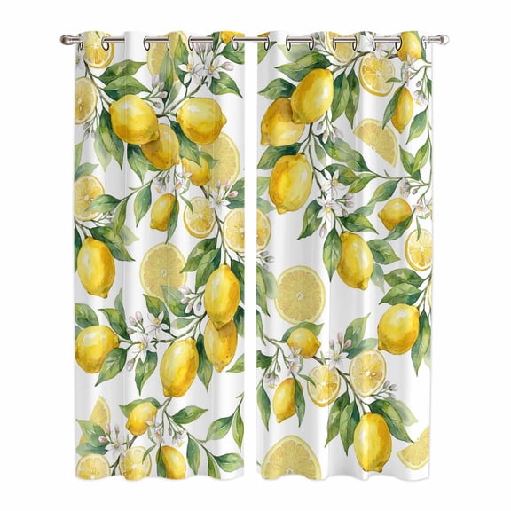 Lemon Kitchen Curtains Window Panels, Yellow Fruits Summer Watercolor Botanical Leaf Plant Insulated Window Treatment Curtain, Grommet Curtains for Bedroom/Living Room/Bathroom, 2 Piece 42"Wx84"L