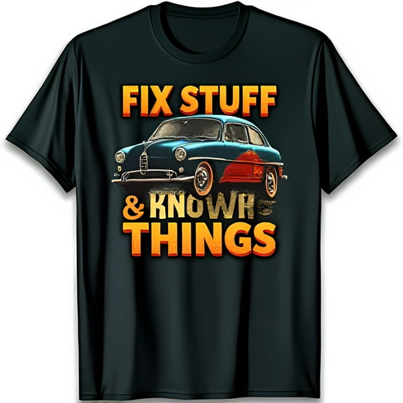 Classic Car Graphic Black T-Shirt 'Fix Stuff & Know Things' Vintage Design