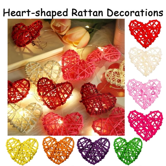 2.4" Valentine Day Heart Rattan Wicker Balls Shape Hanging Ornaments Vase Bowl Fillers for Wedding Party Home Decor Table Tree Decorations, HAODEJW, Red
