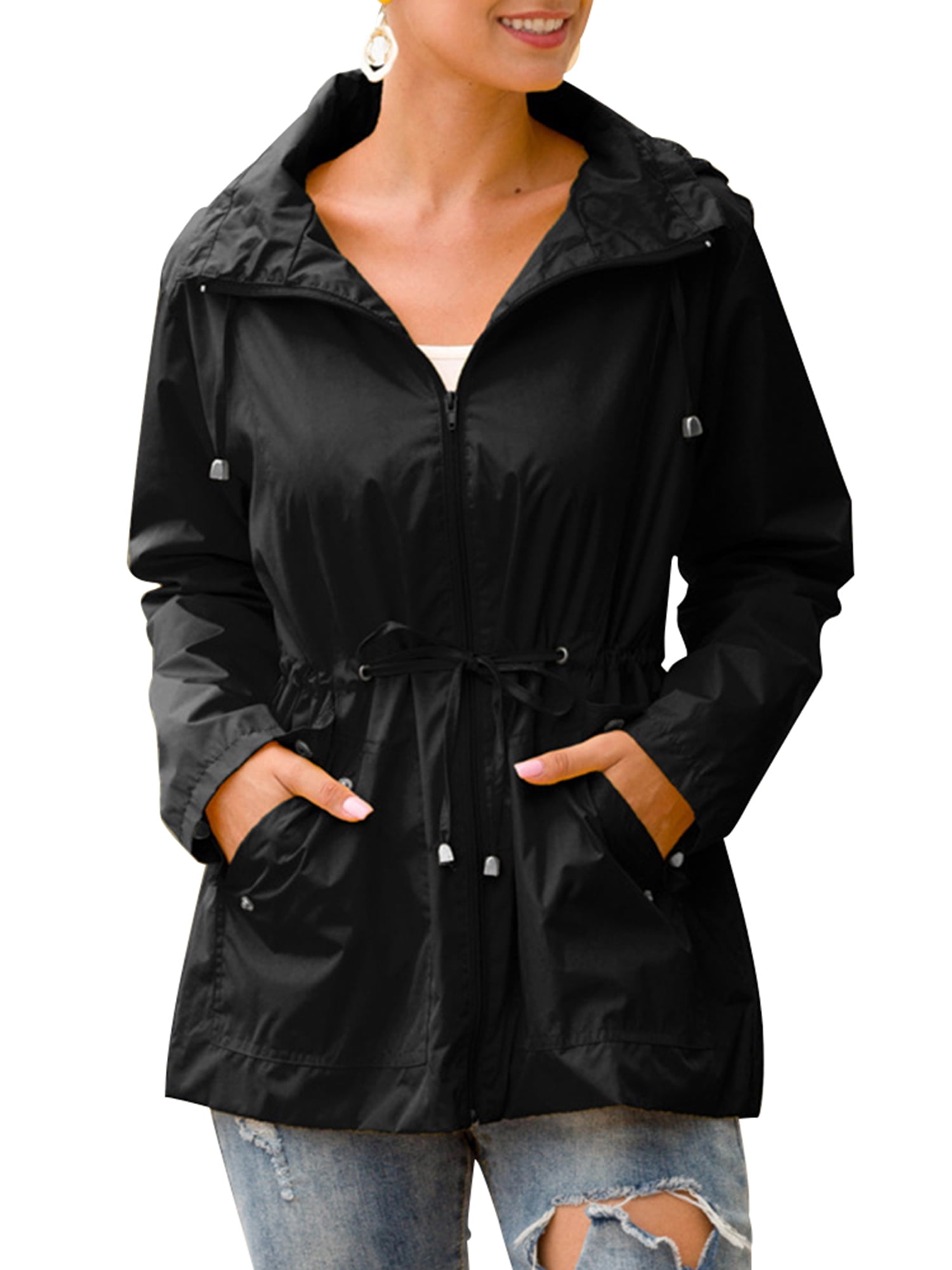 Women Lady Solid Rainproof Windproof Outdoor Long Zipper Button Hoodie Jacket Overcoat Coat Windbreaker Raincoat with Pocket