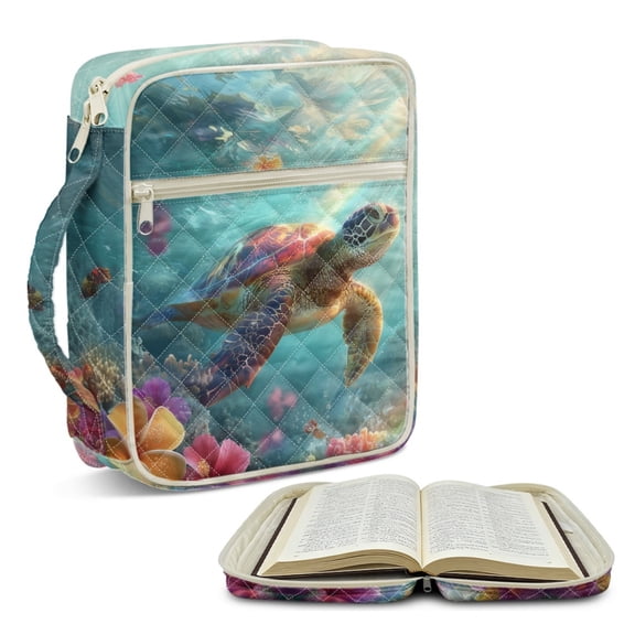 ZUXONGSY Sea Turtle Hibiscus Print Bible Cover Case for Women Portable Bible Bag Large Christian Tote Bag with Pen Holder Carrying Book Case for Religious