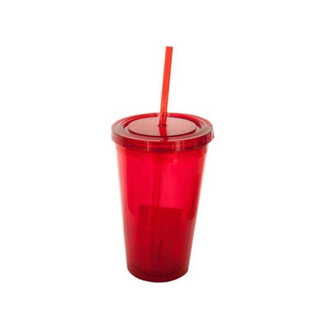 MG852 Transparent Red 17 oz Plastic Drink Tumbler w/Lid & Straw ~ Double Wall 