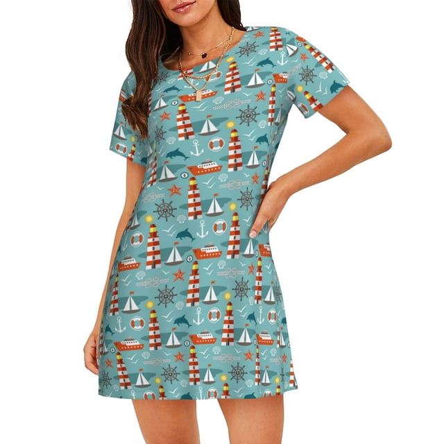 Easygdp Sea Lighthouse Camisón de manga corta para mujer, informal, estampado