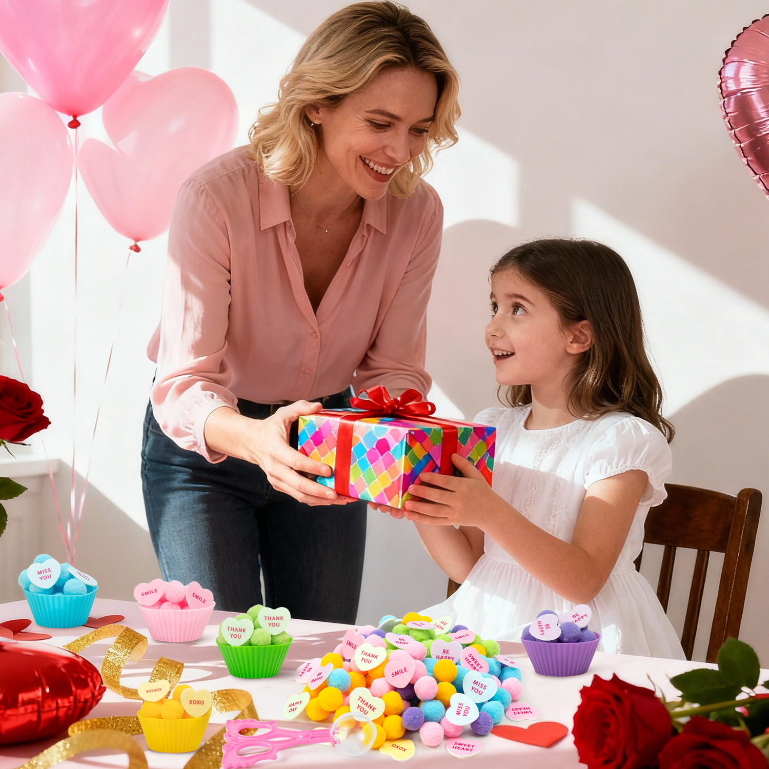 Belanttega Valentine's Day Sensory Sorting & Motor Skills Activity Heart Pompoms, Colorful Components, Family Activity Tools for Focus, Organization & Creative Play