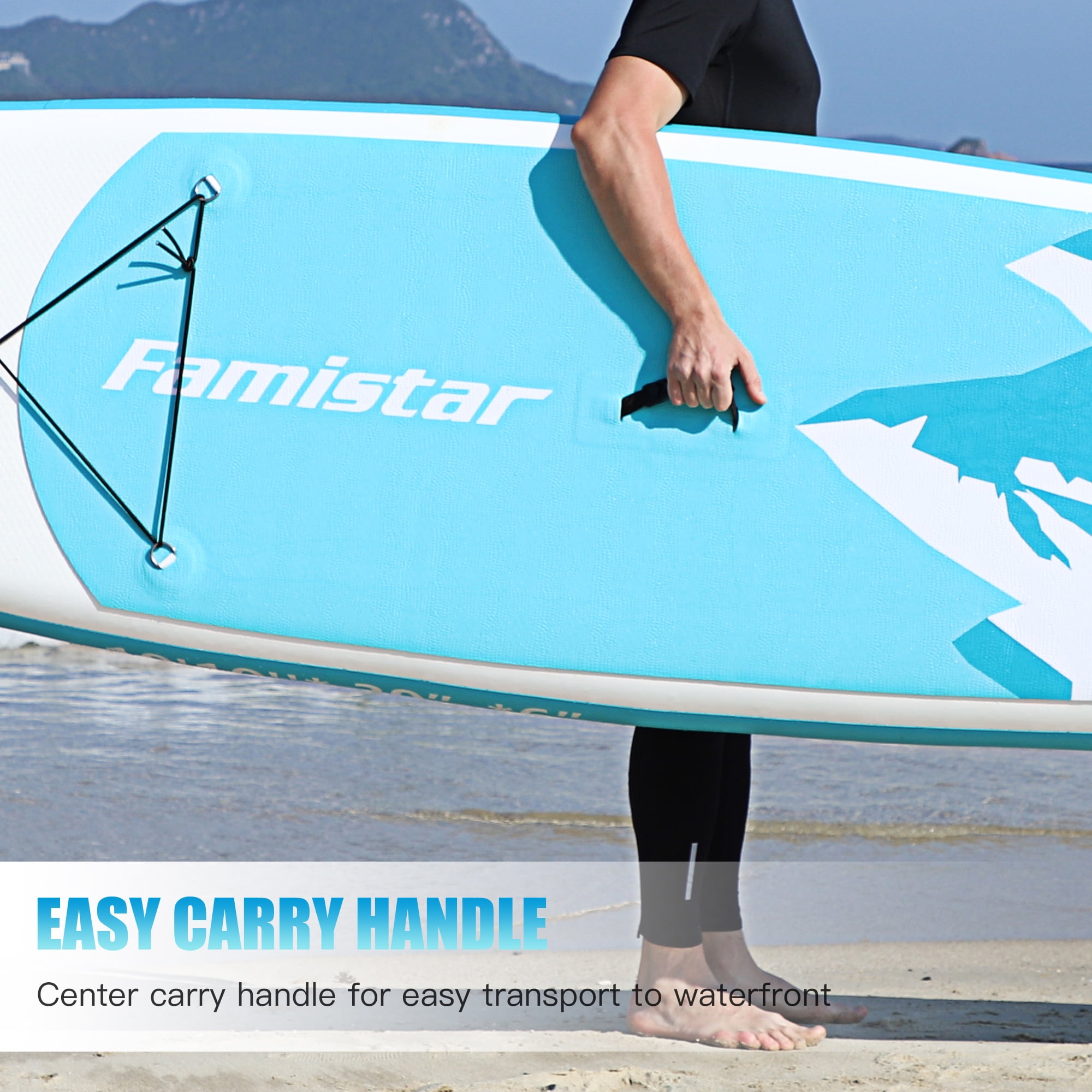 Famistar Inflatable SUP Paddle Board, 144"Lx32"Wx6"THK, w/ 3 Removable Fins, Adjustable Paddle, Pump with PSI Gauge, Carrying Backpack & Repair Kit