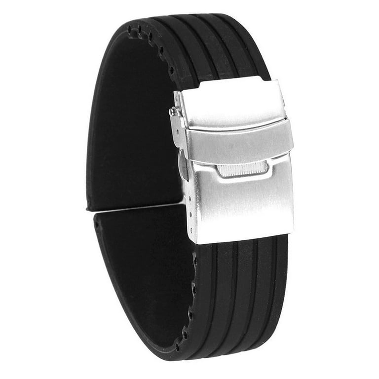 24mm Waterproof Stripes Pattern Silicone Watch Band Strap with Stainless Steel Deployment Clasp Buckle Black Walmart