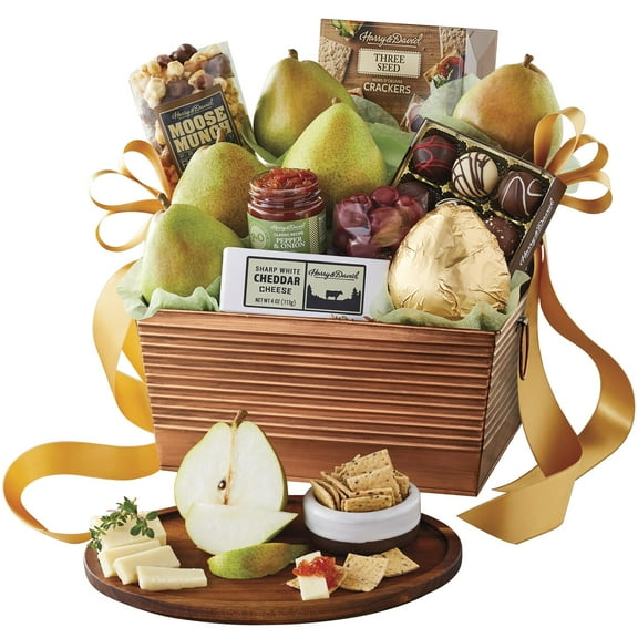 Harry & David Favorites Pear, Popcorn & Relish Gift Basket, Food Gift Basket For All Occasions With 6 Pears, Cheese, Popcorn, 3 Seed Crackers, Relish, Chocolate Covered Cherries, Truffles And Almonds