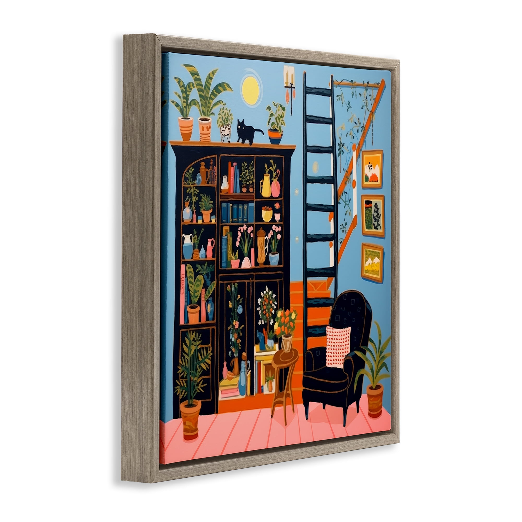 Stupell Industries Eclectic Fun Bookshelf Furniture Painting Brown Floater Framed Canvas Art Print Wall Art, 25 x 25