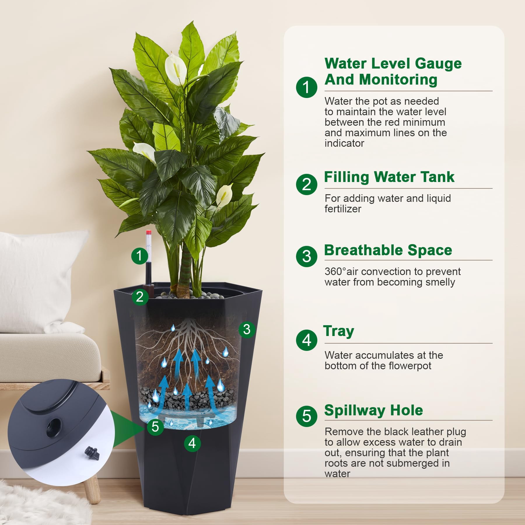 Heavy Duty Tall Planters for Outdoor Plants, Indoor GrandePlant Pots, Boxes, Trees, Flower Pots, with Water Level Monitor and Wheels, 2-Piece Set, Built-in Drainage, Front Porch Decor