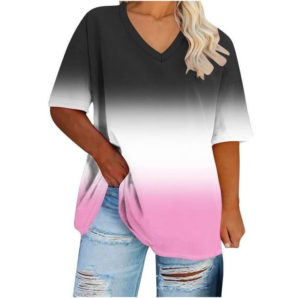 Camisetas de Verano de las Mujeres de Manga Corta con Cuello en V de Gran Tamaño Camiseta Deportiva Sólida, Base Cómoda Casual