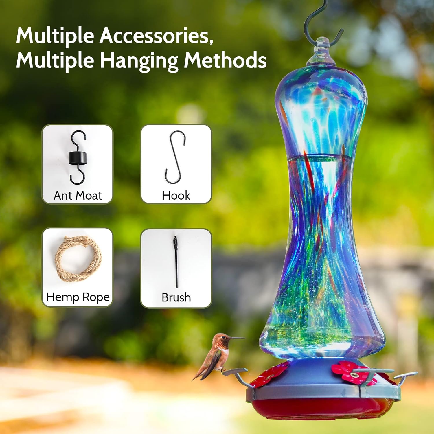 Hummingbird Feeder for Outdoors Hanging, Hand Blown Glass Hummingbird Present with Perch, Leak Proof, Never Fade, 4 Feeding Ports, 20 fl.oz, Include Hook, Ant Moat, Rope, Brush, Presents for Garden