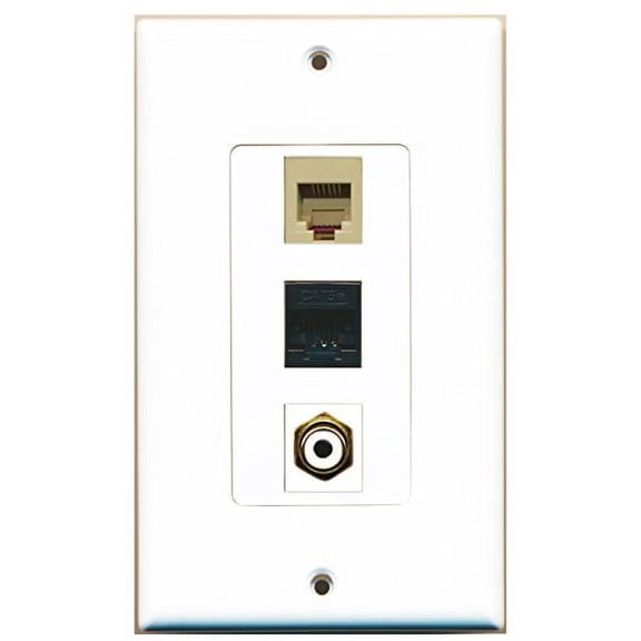RiteAV - 1 Port RCA White and 1 Port Phone RJ11 RJ12 Beige and 1 Port Cat5e Ethernet Black Wall Plate Decorative