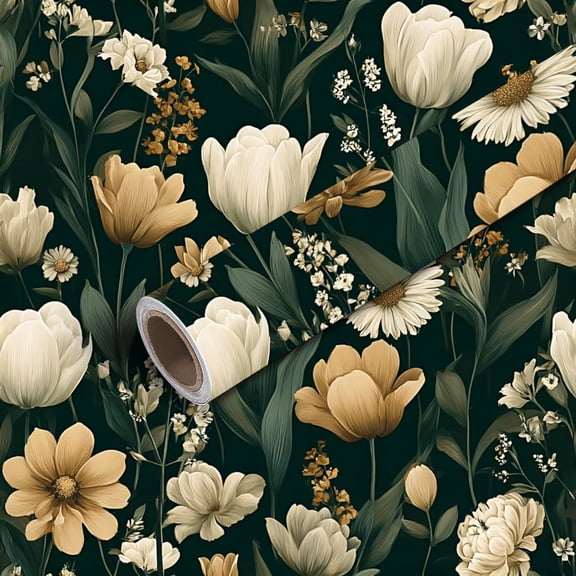 Peel and Stick Wallpaper Contact Paper Floral Botanical Cream Beige Flowers Dark Green Self Adhesive and Removable 17.7in x 118in